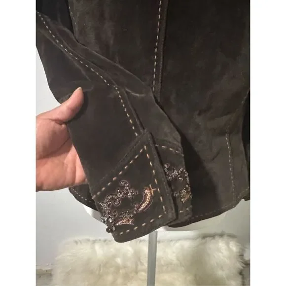 Coldwater Creek brown suede Leather stitching details sequin beaded embellishmen - Picture 6 of 10